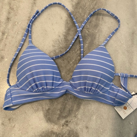 NWT Shade & Shore Size 34A Light Blue White Stripe Thin Strap Ribbed Bikini Top - Picture 1 of 4